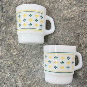 Vintage Termocrisa White Milkglass Coffee Mugs with Yellow Green Floral Design